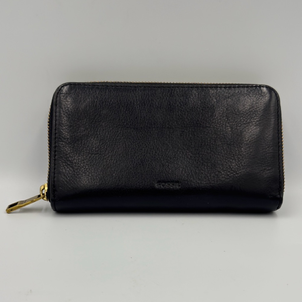 Fossil Black Leather Full Zip Around Wallet with Gold Hardware